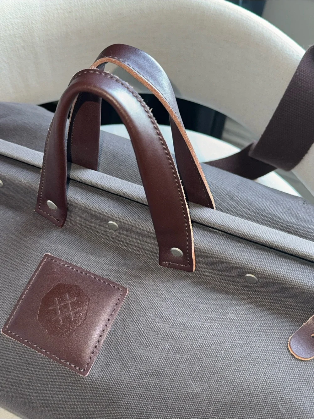Gray Canvas Weekender Bag with Brown Leather Trim